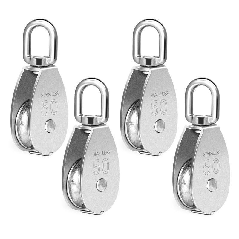 phepetroll Cable Pulley Wheel Stainless Steel, 4 Pack M50 Single Pulley Snatch Block, Heavy Duty Lifting Crane Swivel Hook, Bearing Inside Rope Pulleys for Lifting System Gym Equipment Clothesline, 800 lbs Load - Image 1